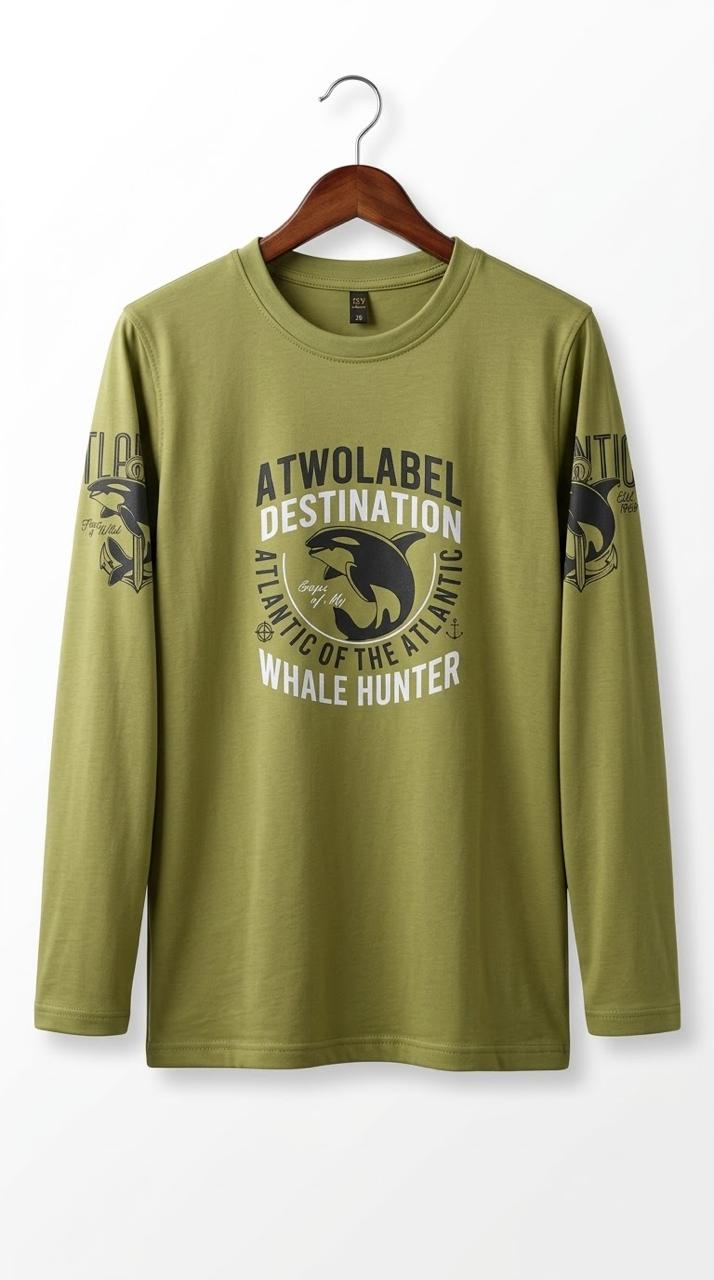 Men’s Olive Green Whale Graphic Full Sleeve T-Shirt | Casual Crew Neck Printed Shirt