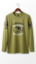 Men’s Olive Green Whale Graphic Full Sleeve T-Shirt | Casual Crew Neck Printed Shirt
