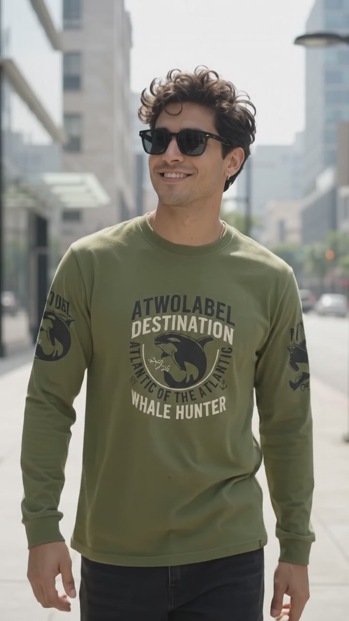 Men’s Olive Green Whale Graphic Full Sleeve T-Shirt | Casual Crew Neck Printed Shirt