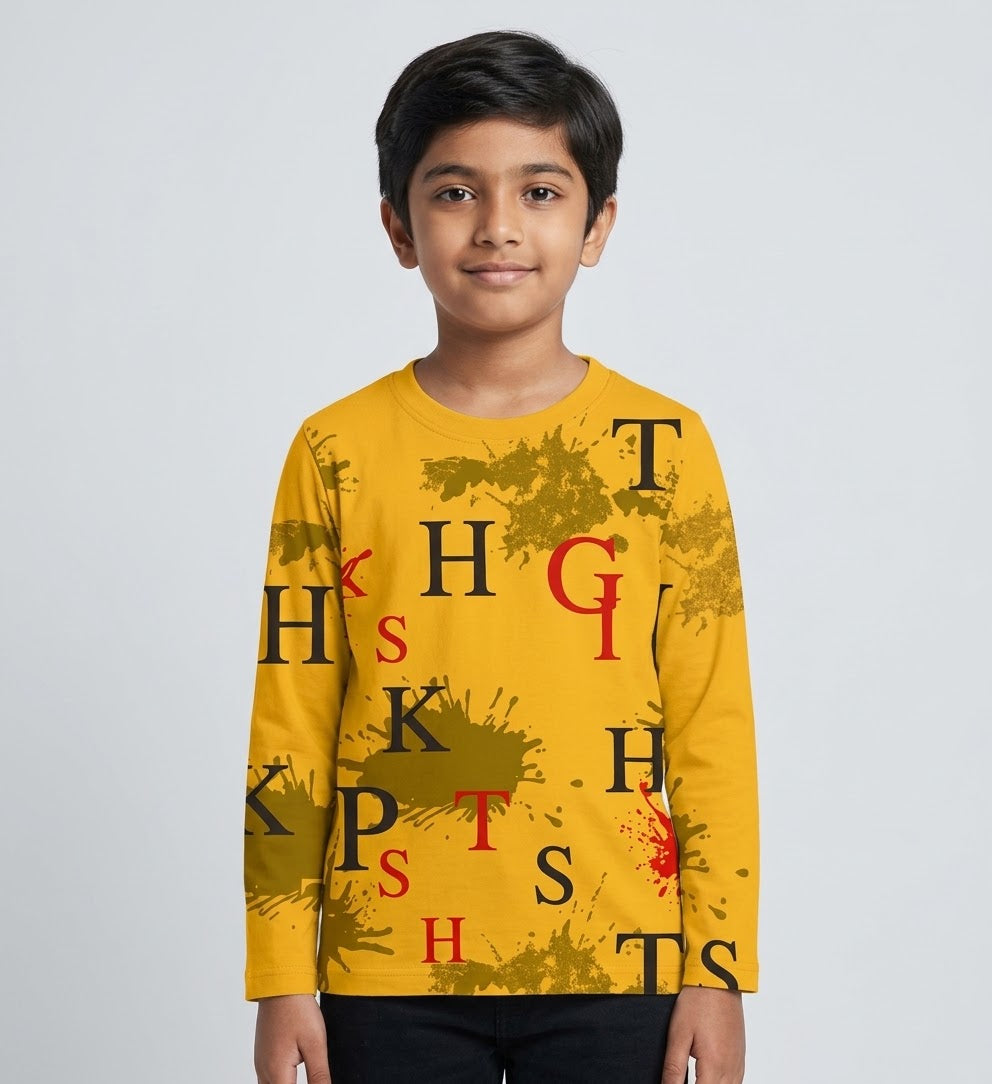 Riwajtees kids abstract letter splash print long sleeve T-shirt in Golden Yellow, front view on child model
