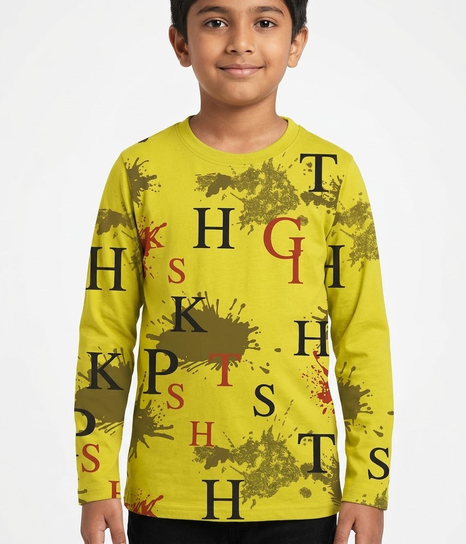 Riwajtees kids abstract letter splash print long sleeve T-shirt in Lime Yellow, front view on child model