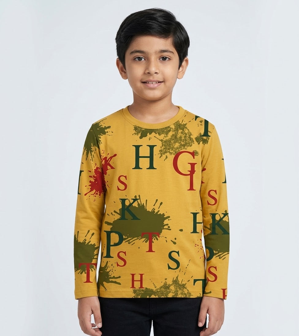 Riwajtees kids abstract letter splash print long sleeve T-shirt in Mustard Yellow, front view on child model