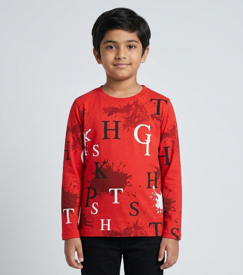 Riwajtees kids abstract letter splash print long sleeve T-shirt in Red, front view on child model