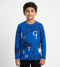 Riwajtees kids abstract letter splash print long sleeve T-shirt in Royal Blue, front view on child model