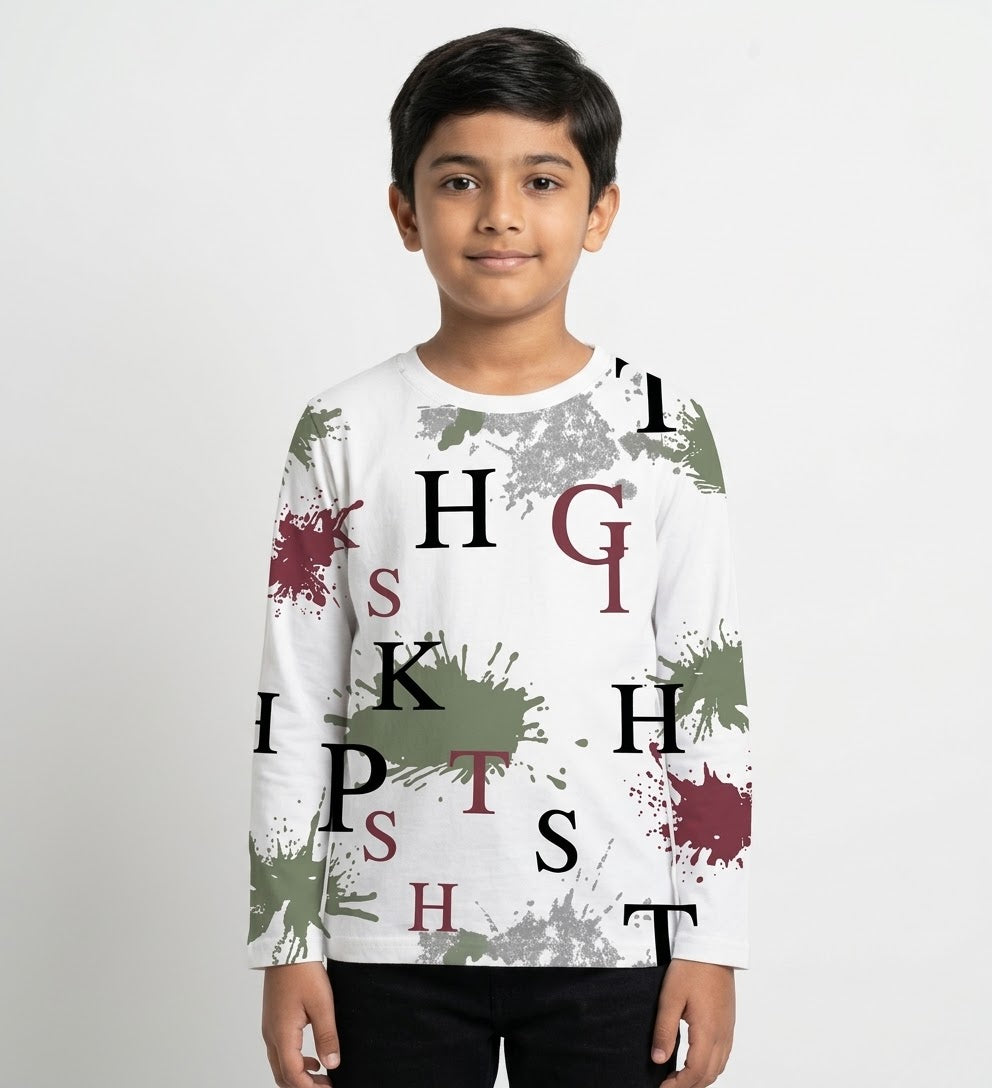 Riwajtees kids abstract letter splash print long sleeve T-shirt in White, front view on child model