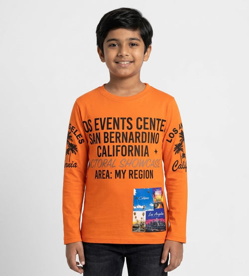 Riwaj Tees kids California graphic long sleeve T-shirt in Orange, front view on child model