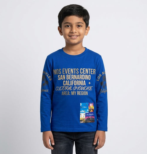 Riwaj Tees kids California graphic long sleeve T-shirt in Royal Blue, front view on child model