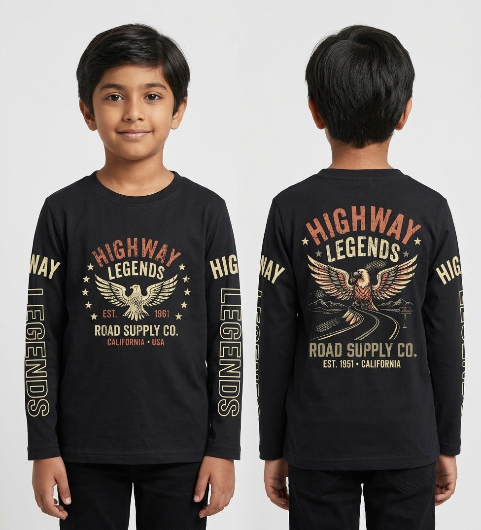 Riwaj Tees Kids Highway Legends eagle graphic long sleeve T-shirt in Black, front and back on child model