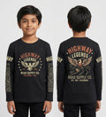Riwaj Tees Kids Highway Legends eagle graphic long sleeve T-shirt in Black, front and back on child model