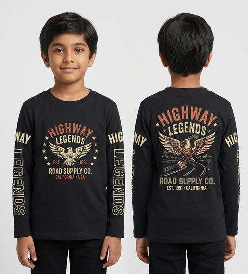 Riwaj Tees Kids Highway Legends eagle graphic long sleeve T-shirt in Black, front and back on child model