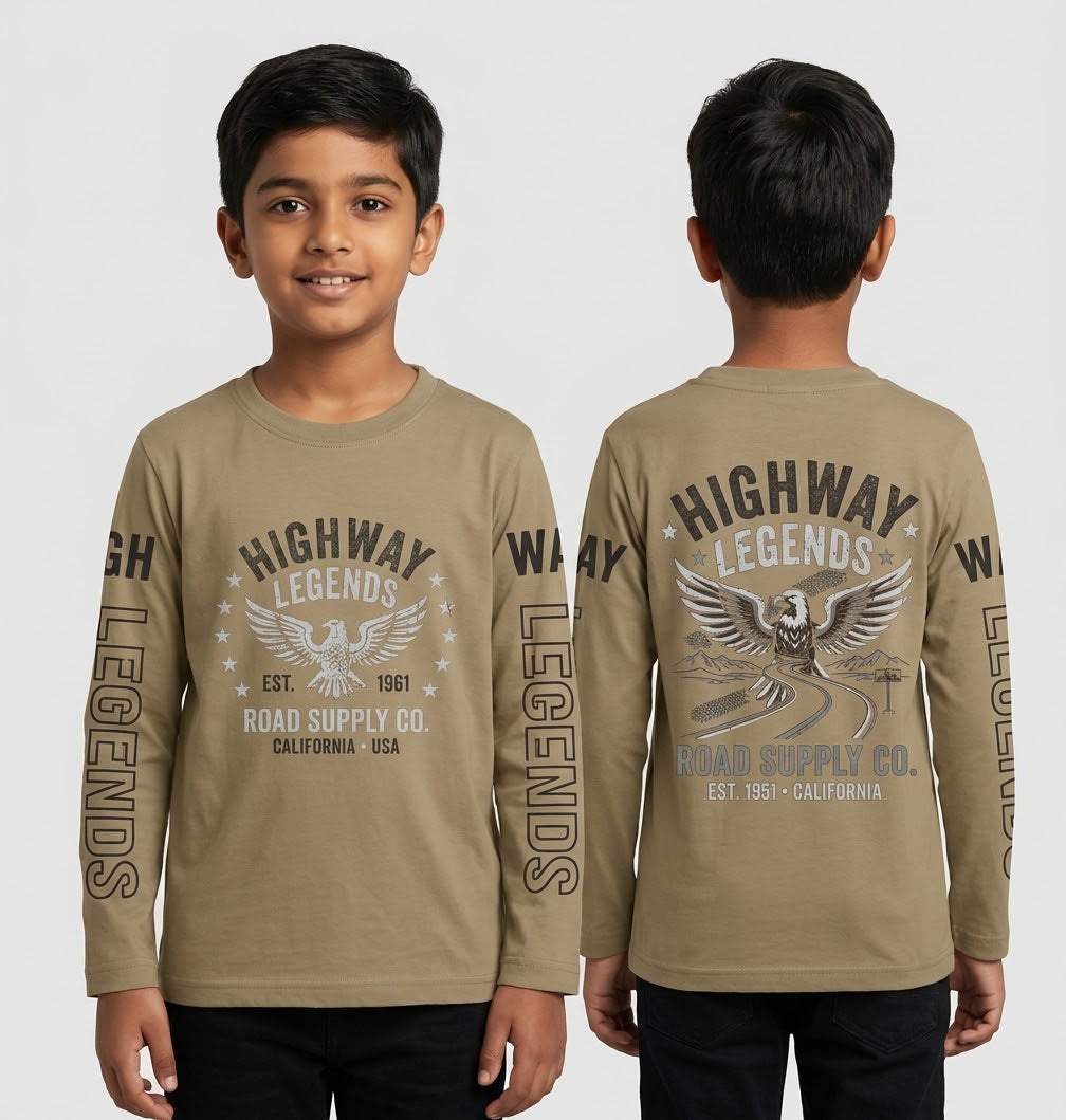Riwaj Tees Kids Highway Legends eagle graphic long sleeve T-shirt in Khaki, front and back on child model