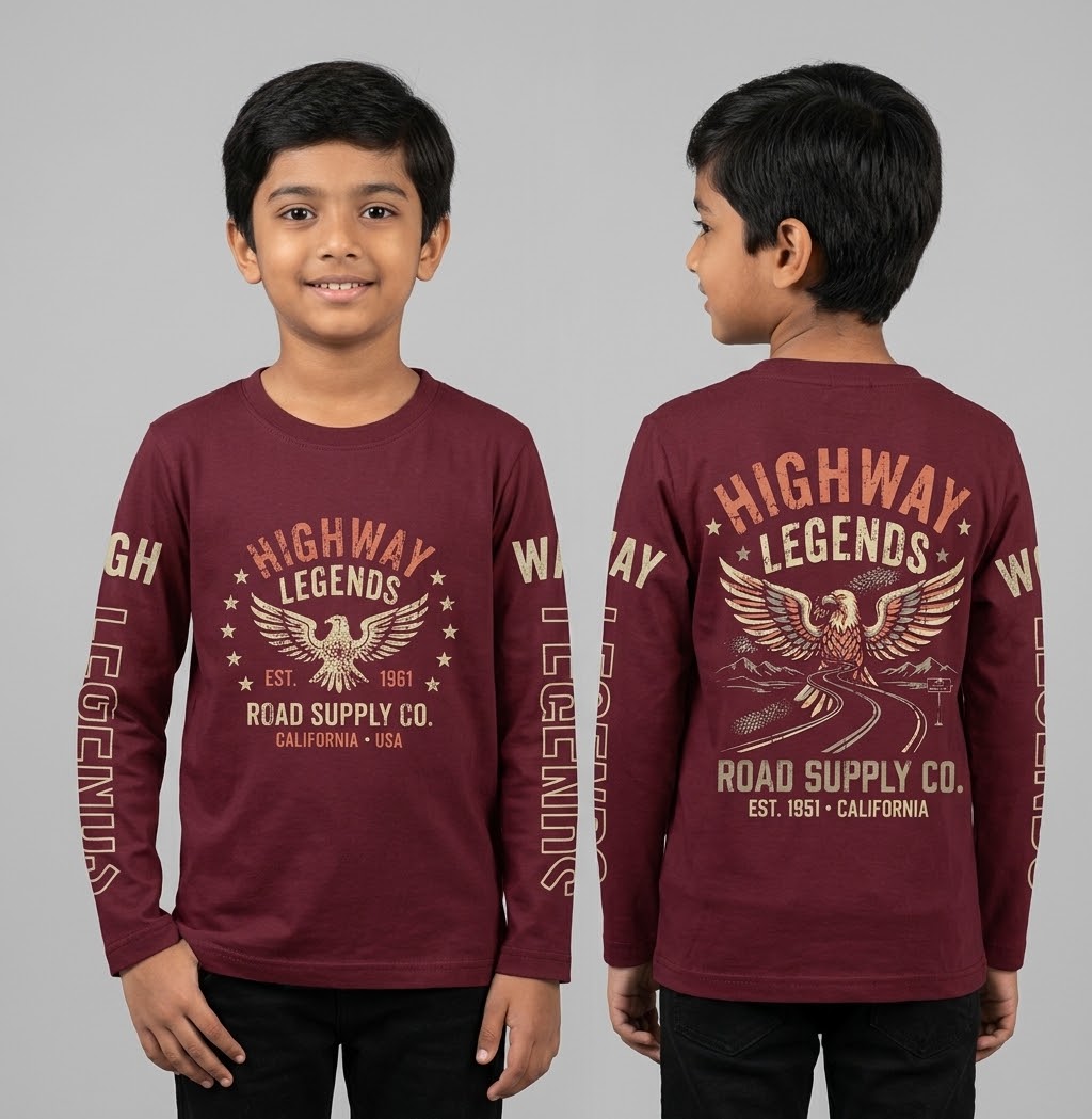 Riwaj Tees Kids Highway Legends eagle graphic long sleeve T-shirt in Maroon, front and back on child model