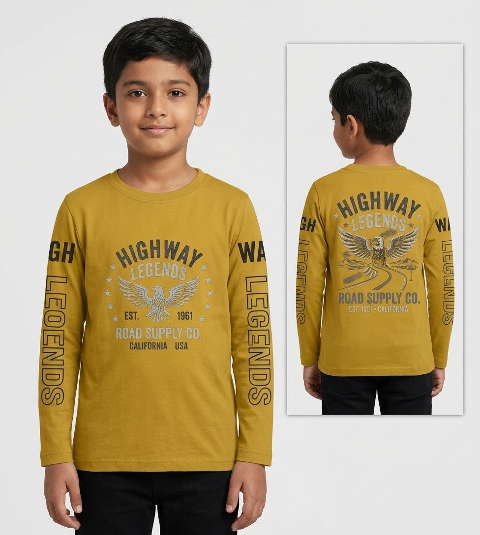 Riwaj Tees Kids Highway Legends eagle graphic long sleeve T-shirt in Mustard Yellow, front and back on child model