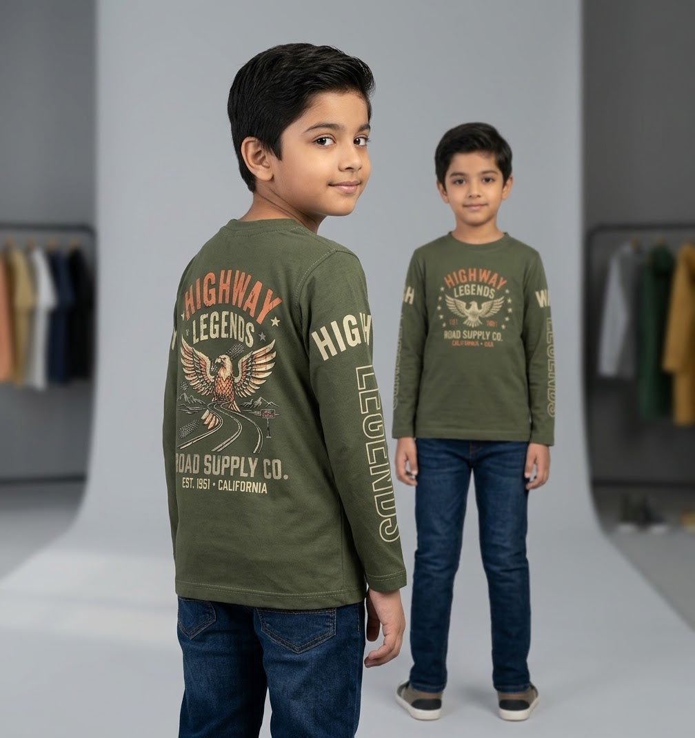 Riwaj Tees Kids Highway Legends eagle graphic long sleeve T-shirt in Olive Green, front and back on child model