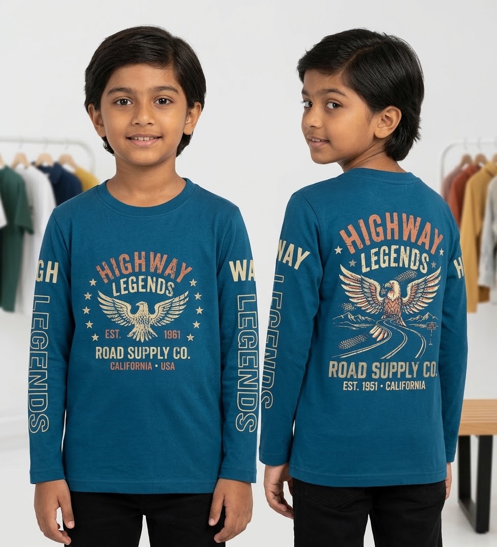 Riwaj Tees Kids Highway Legends eagle graphic long sleeve T-shirt in Teal Blue, front and back on child model