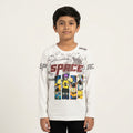 Riwaj Tees Kids Space graphic long sleeve T-shirt, White, front view on child model