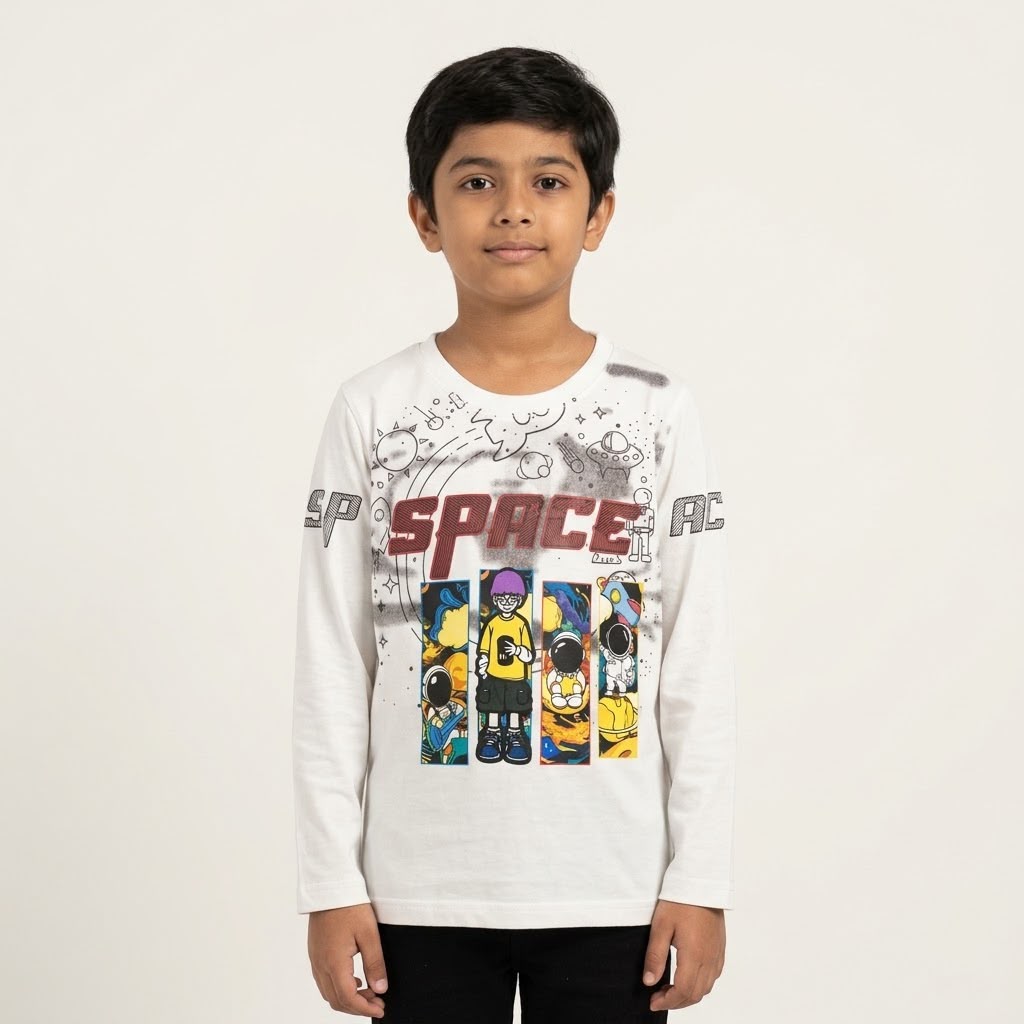 Riwaj Tees Kids Space graphic long sleeve T-shirt, White, front view on child model
