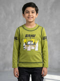 Child model wearing olive green graphic long sleeve T-shirt