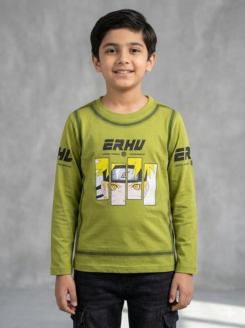 Child model wearing olive green graphic long sleeve T-shirt