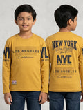Riwajtees kids Los Angeles NYC graphic long sleeve T-shirt in Mustard, front and back views