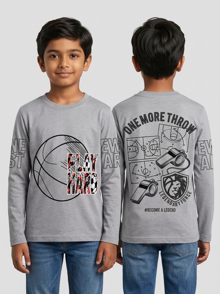 Riwajtees kids Play Hard basketball graphic long sleeve T-shirt in Grey, front and back view